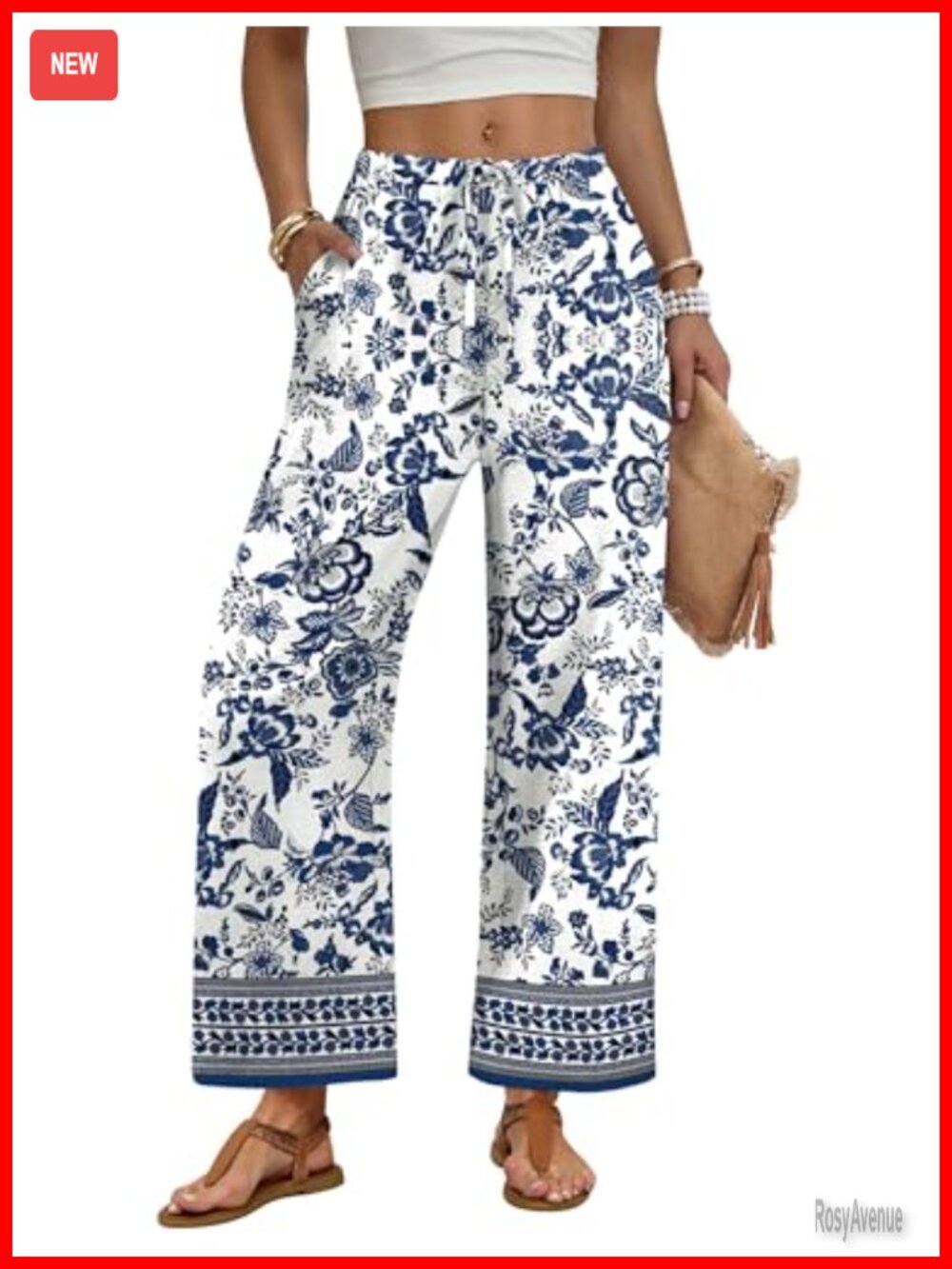 Wide Leg Palazzo Pants Drawstring Elastic Waist with Pockets Summer - Picture 2 of 7